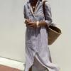 Women's Striped Shirt Dress Midi Length Button Front Belted Turn Down Collar Casual Dress