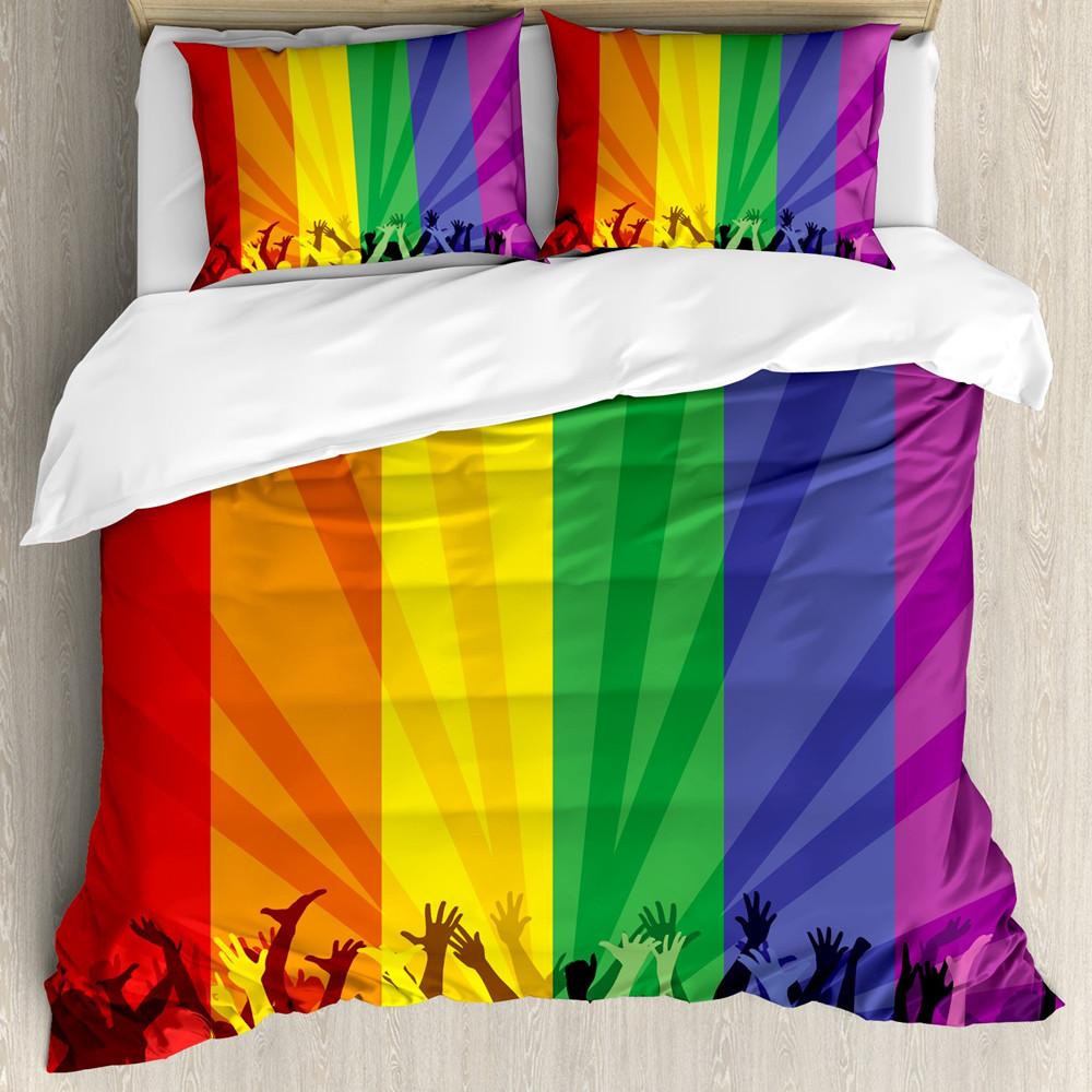 Комплект пододеяльника Pride Полиэстер Люди, празднующие Международный день сообщества ЛГБТ, с разноцветным полосатым дизайном Комплект постельного белья