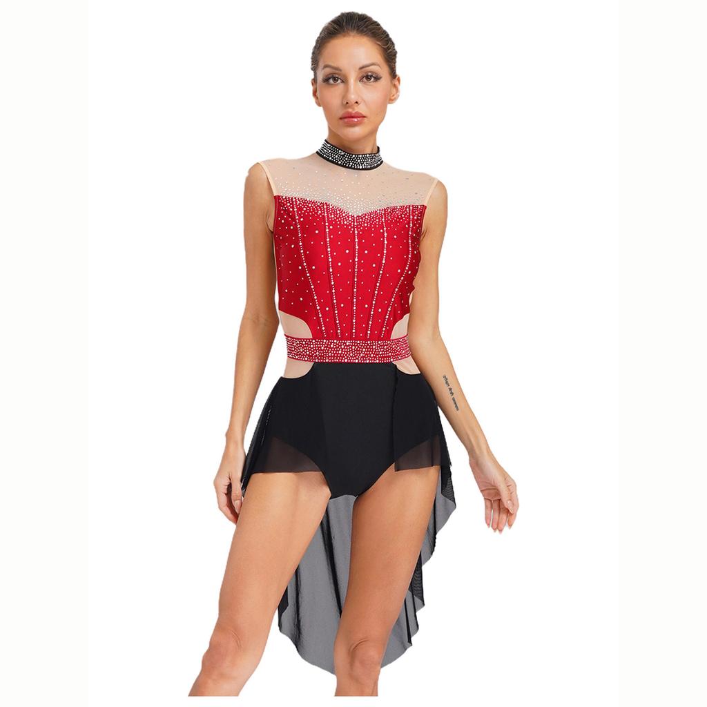 Women Lyrical Dance Dress Mock Neck Sleeveless Backless Shiny Rhinestones Color Block Mesh Skirted Leotard