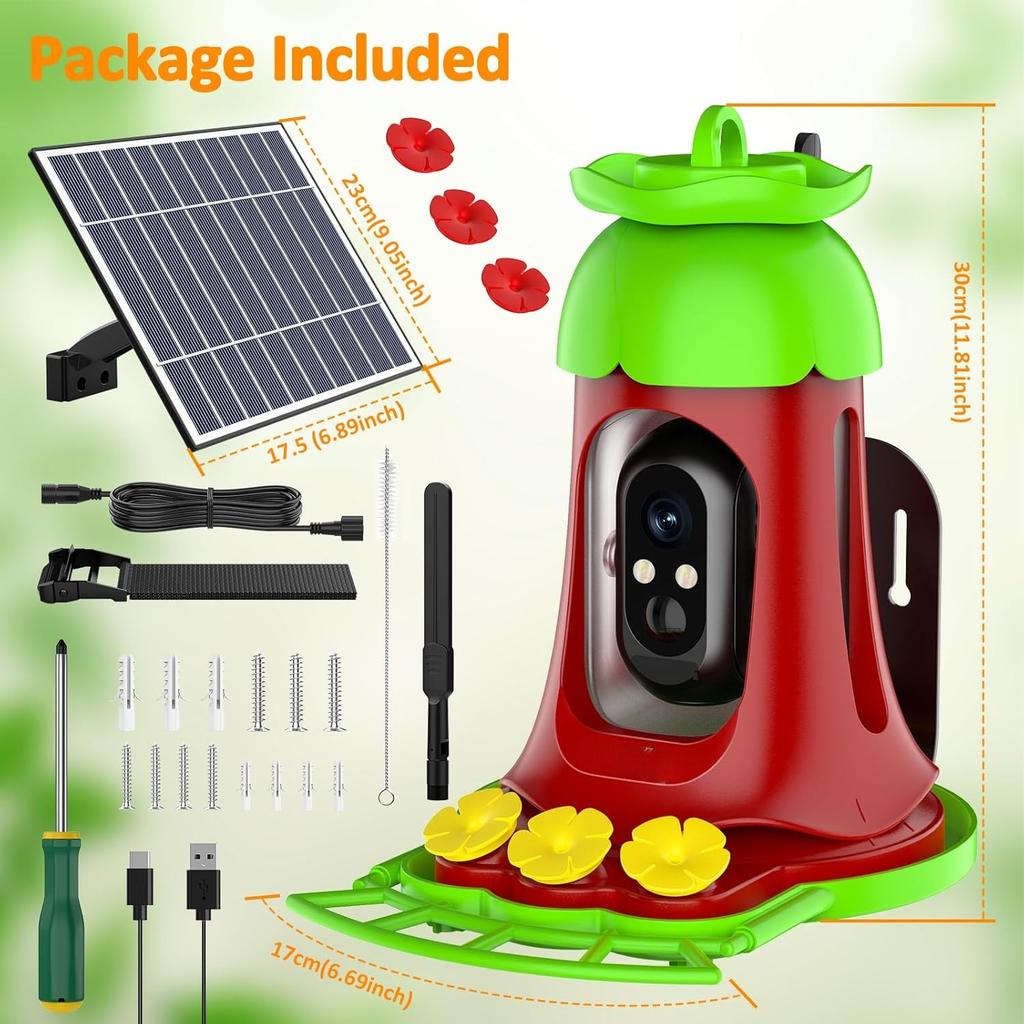 Hummingbird Feeder with Camera,7W Solar-Powered Smart Bird Feeder Camera with SD Card,Anti-Ant Moat,Outdoor Bird Raising Camera