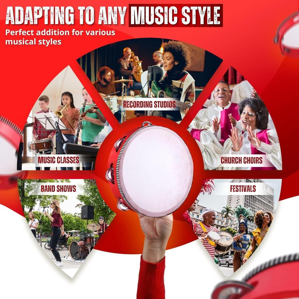 Wooden Round Tambourine 4/6/7/8/10 Inch Single Row Jingles Red Handheld Percussion Instrument for Beginner Tambourine Player