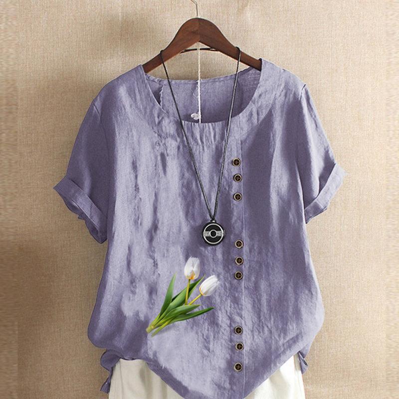 Women's Fashion Round Neck Short Sleeve T-shirt Casual Cotton Linen Graphic Shirt Leisure Loose Tulips Prined Summer Blouse Tops