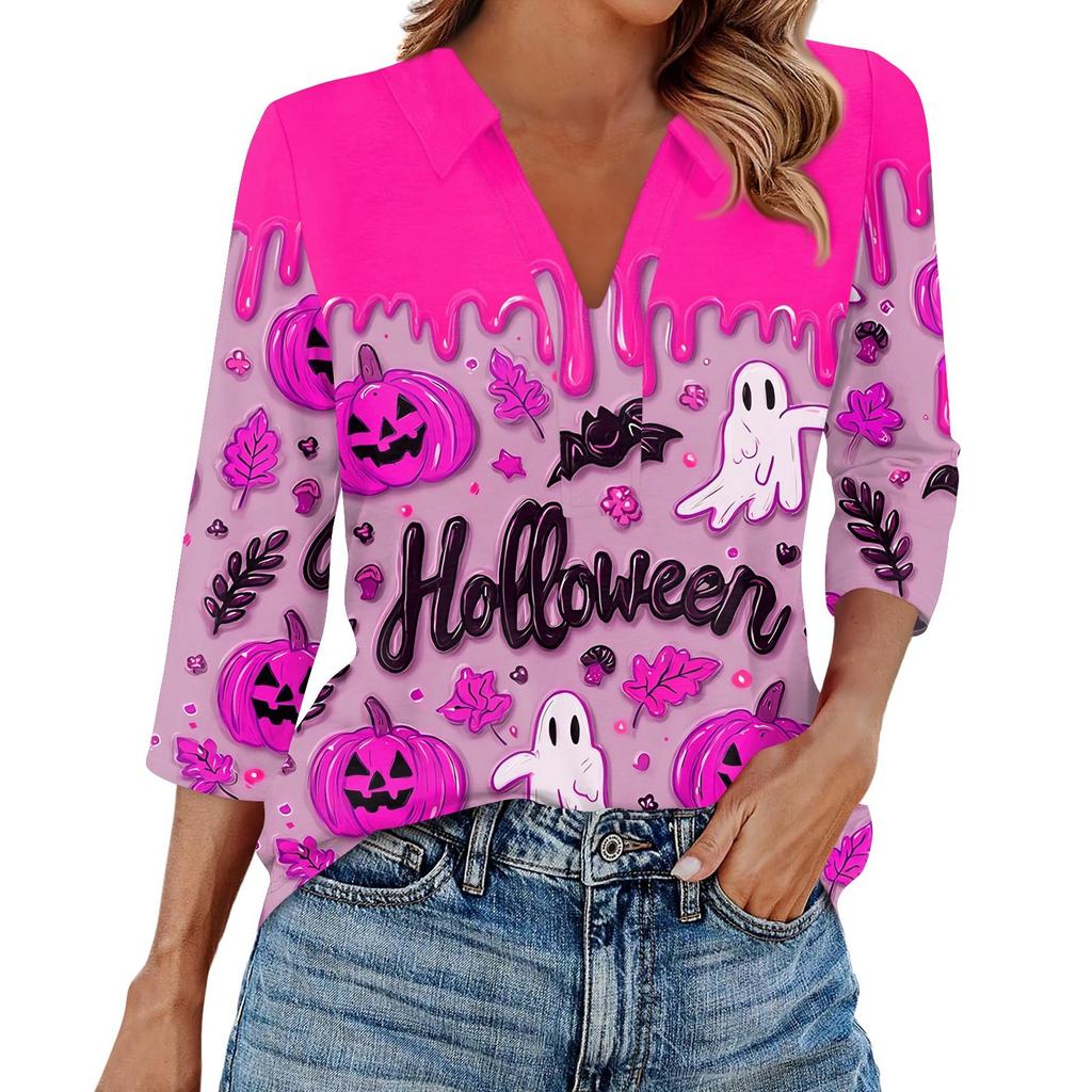 Women's Fashion Casual Lapel 3/4 Sleeve Halloween Print Shirt Women's V-Neck Tops
