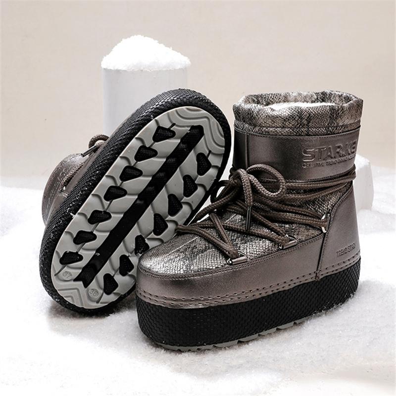 Модные зимние женские зимние ботинки для горных лыж для родителей и детей, водонепроницаемые ботинки до щиколотки, женские теплые плюшевые хлопковые ботинки на платформе и плоском каблуке