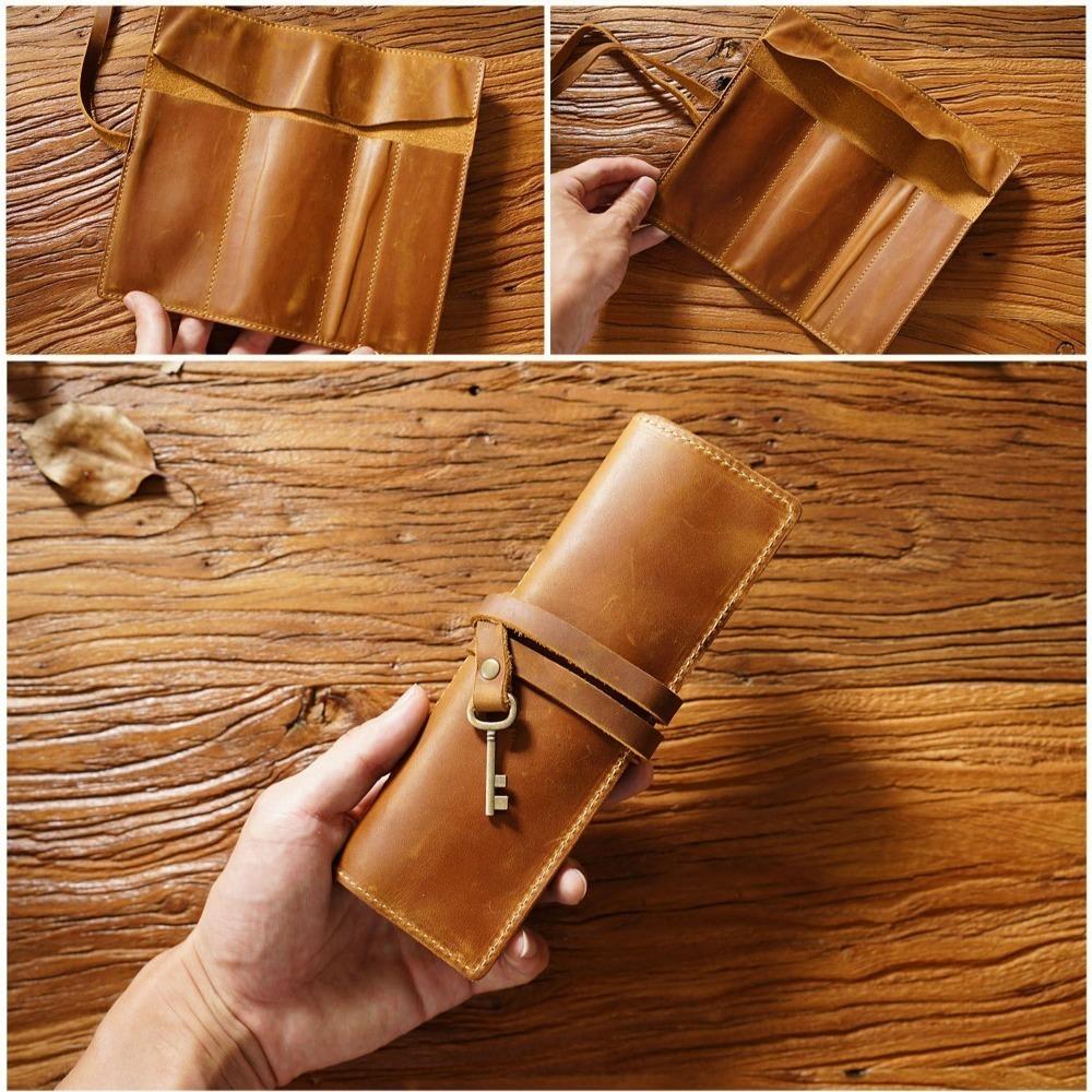 Genuine Leather Foldable Leathe Pencil Bag Pens Bag Nature Cowhide Pen Protection Bag School