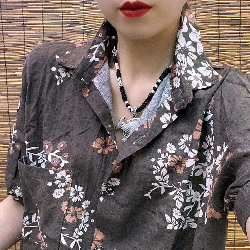 Летняя хлопковая льняная блузка, винтажные рубашки с короткими рукавами для женщин, свободная облегающая рубашка с ретро-принтом, корейская универсальная рубашка