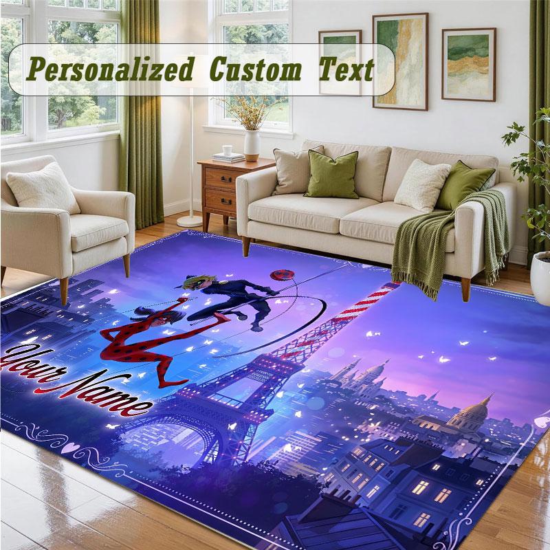 Crystal Velvet Square Rug Custom NameMiraculous Ladybug Pattern Non Slip Home Floor Decor Rug