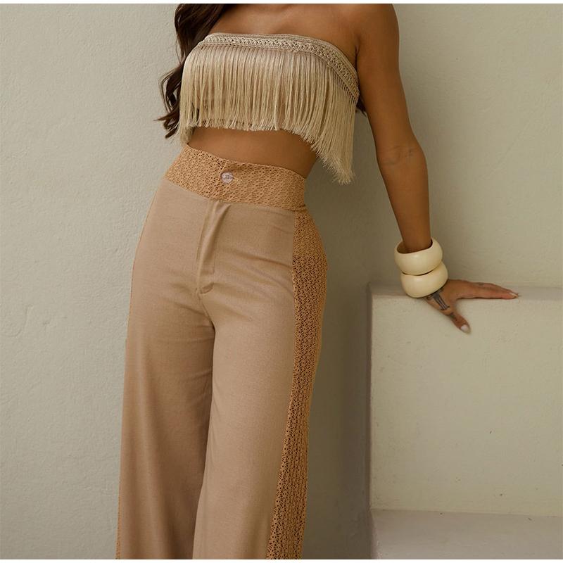 Solid Color Tassel Tube Top Strap Two-piece Sexy Beach Seaside Vacation Ladies Suit 2025 High Waist Wide Leg Pants & Short Tube Top