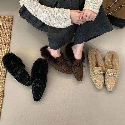 2025 осень и зима новая квадратная голова кроличий мех низкий каблук плетеная нить плоская подошва Doudou полусабо женская обувь