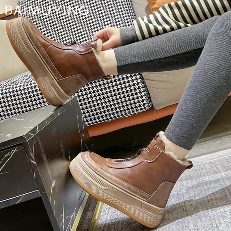 Ботильоны женские на меховой платформе на плоской подошве, модные кожаные туфли для женщин 2025 года, тренд зимы, новые дизайнерские повседневные ботинки в стиле панк для прогулок, женские