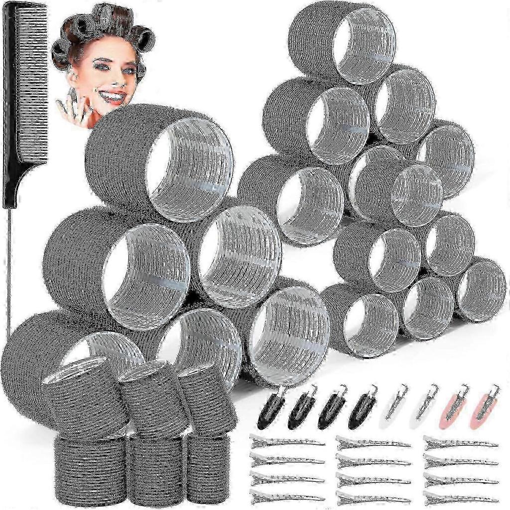 39pcs Hair Curlers Rollers With Clips Black Hair Roller With 3 Sizes 64mm 44mm 33mm, Jumbo Hair Roller With 12pcs Duckbill Clips Hair Rollers Compatib