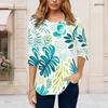 Women Plus Size Round Neck 3 4 Sleeve Navy Tropical Leaf Printed T Shirt Curved Hem