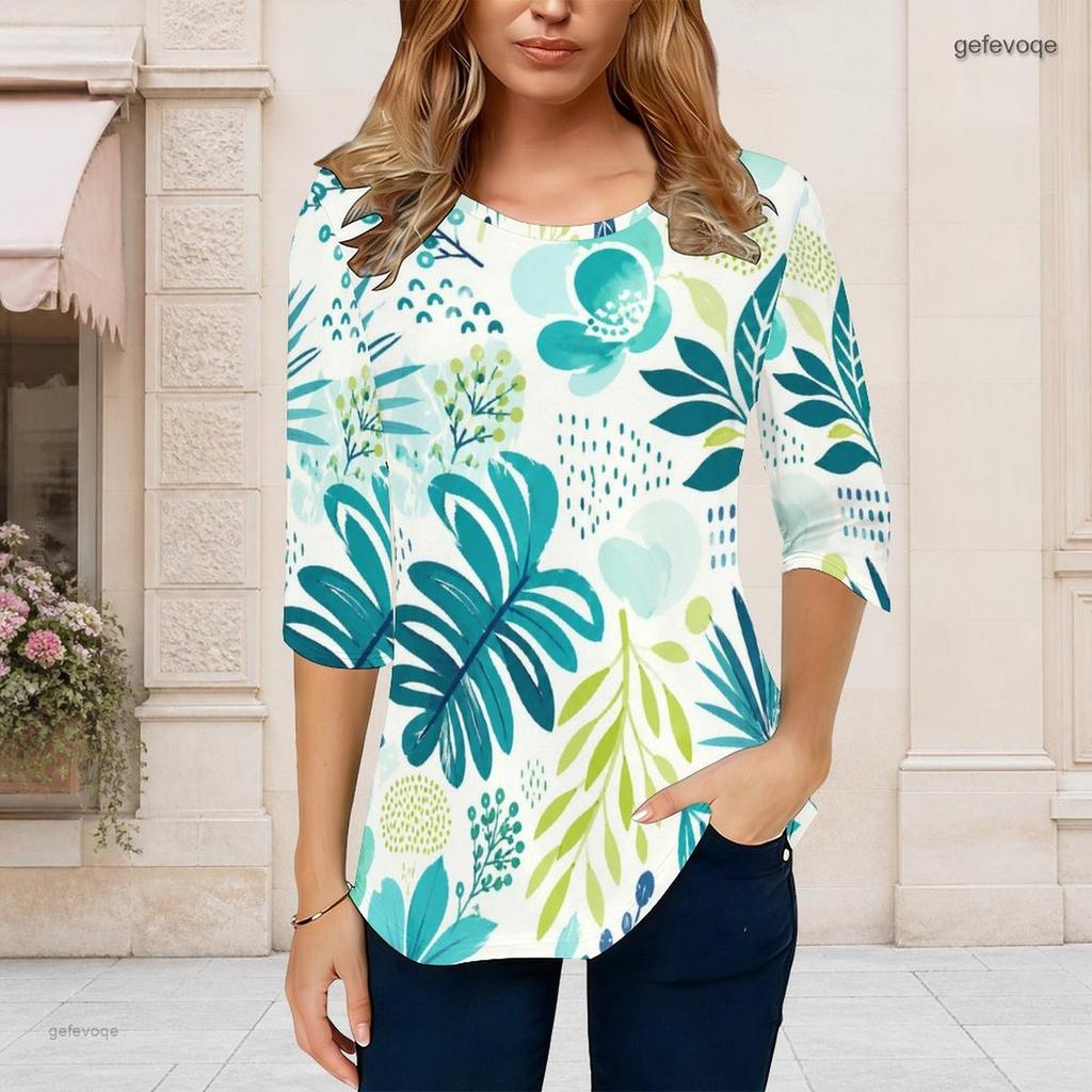 Women Plus Size Round Neck 3 4 Sleeve Navy Tropical Leaf Printed T Shirt Curved Hem