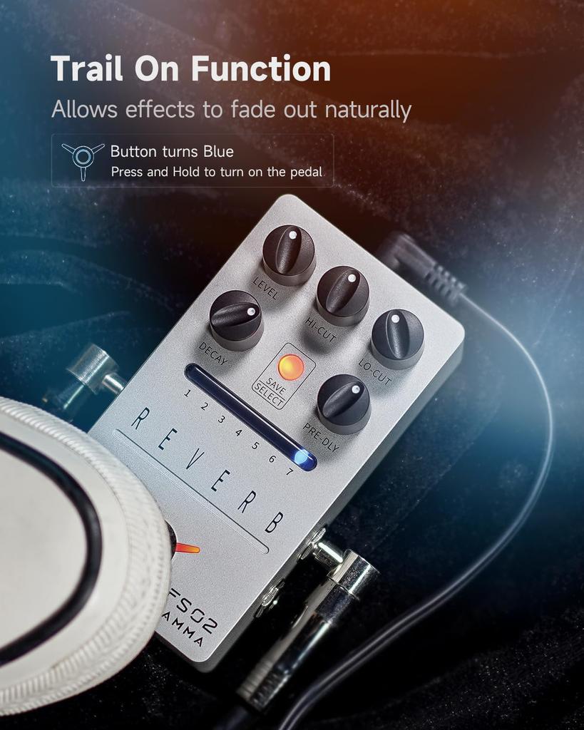 FLAMMA FS02 Digital Reverb Guitar Pedal 7 Classic Effects with Trail On Buffer Bypass Sliver Stereo Digital Reverb Effects Pedal
