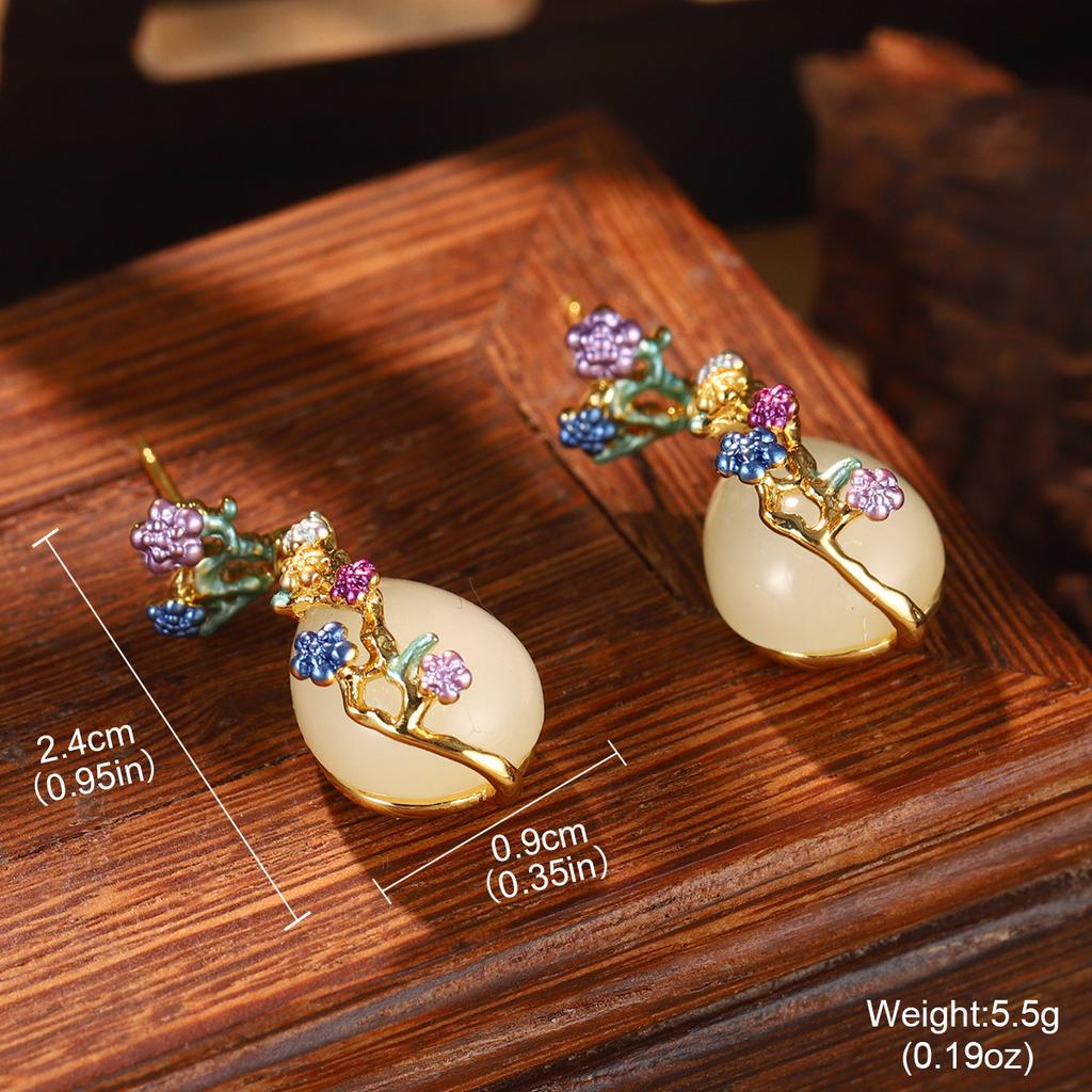 Antique new Chinese style flower fringed pearl earrings Hanfu accessories earrings imitation Hetian jade green agate temperament ear hook