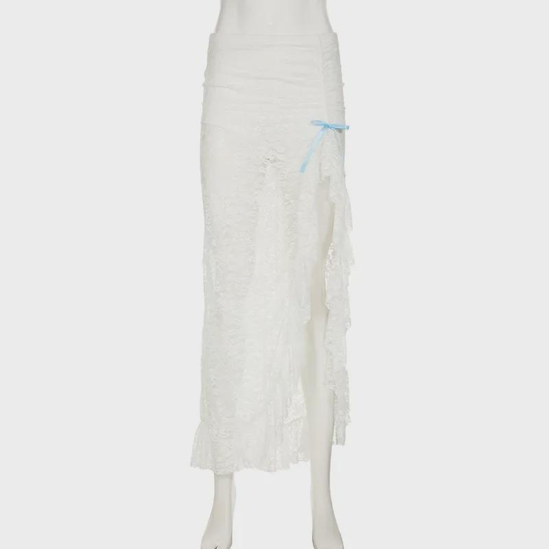 2024 Elegant Lace Slit Skirt with Bowknot & Ruffles