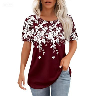 Crew Neck Short Sleeve Black White Floral Print T Shirt Women's Outfits Casual Daily Wear