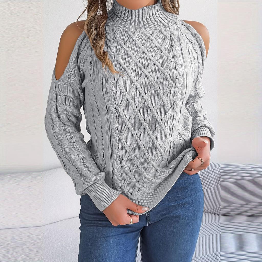 Женский модный повседневный свободный свитер с открытыми плечами и полувысоким воротом, однотонный, с длинными рукавами, пуловер, топ