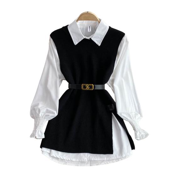 3Pcs/Set Women Shirt Vest Set Lapel Lantern Long Sleeve Single Breasted Shirt O-neck Side Slit Knitting Vest Set with Belt