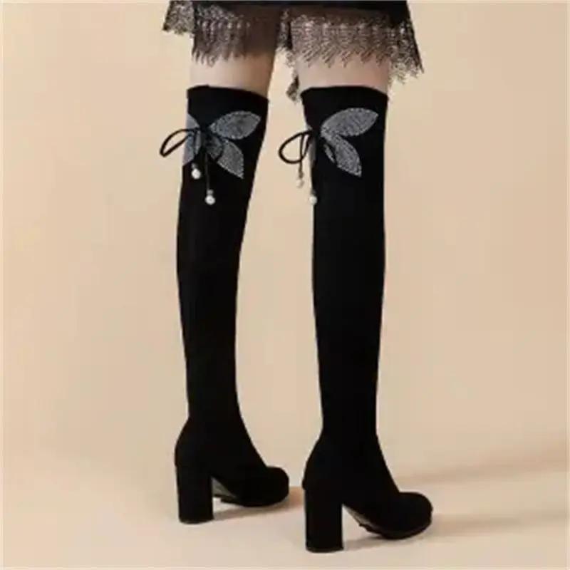 Ladies Knee High Shaft Shoes Pointed Toe Winter 2024 Middle Heel Chic and Elegant Women's Long Boots Spring Autumn On Offer Boot