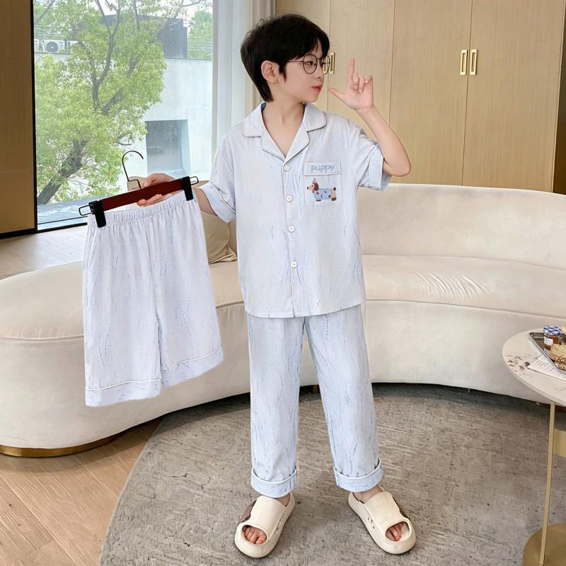 2026 Kids Cotton Pajama Set Short Sleeve Long Pants Cartoon Print Sleepwear Boys Aged 8