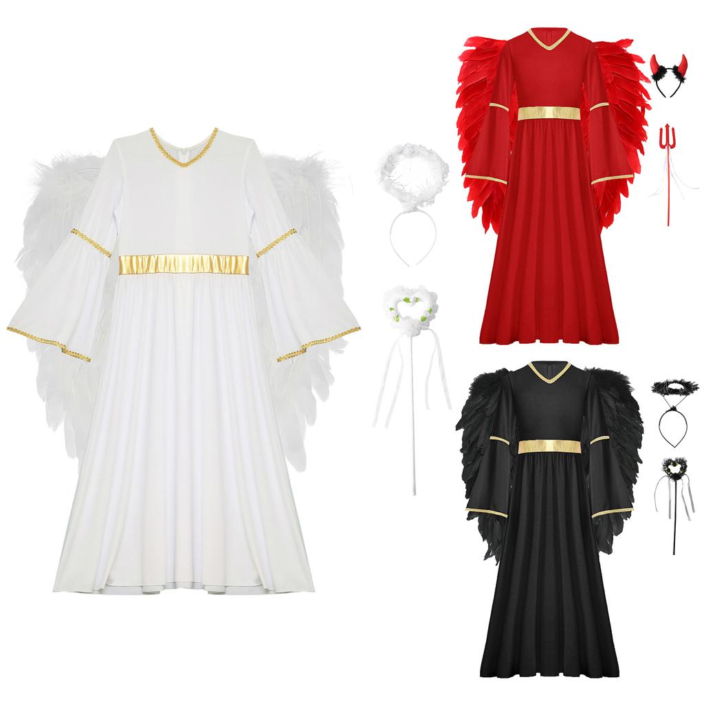 Костюм платья ангела из 4 предметов для девочек, набор на Хэллоуин с крыльями, повязкой на голову и волшебными палочками