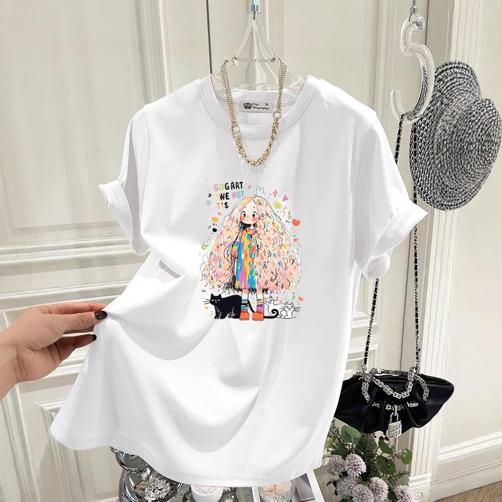 Новая летняя корейская модная женская футболка с короткими рукавами из хлопка и кота, большая версия, для женщин, средняя длина