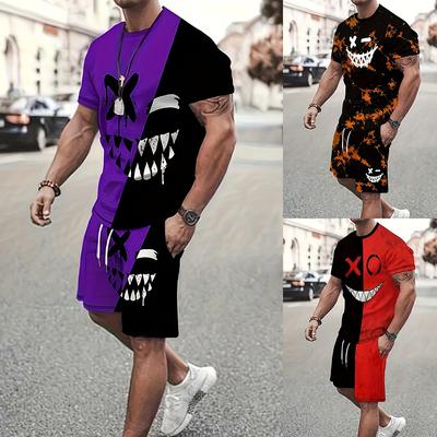 Мужской костюм, летний повседневный дышащий освежающий костюм с принтом 3D Evil Face, большой мужской свободный топ, модный с короткими рукавами