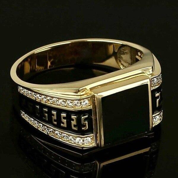 Classic Gold Color Metal Men's Ring with Inlaid Black Stone, Punk Style, Suitable for Engagement, Wedding, Luxury Jewelry