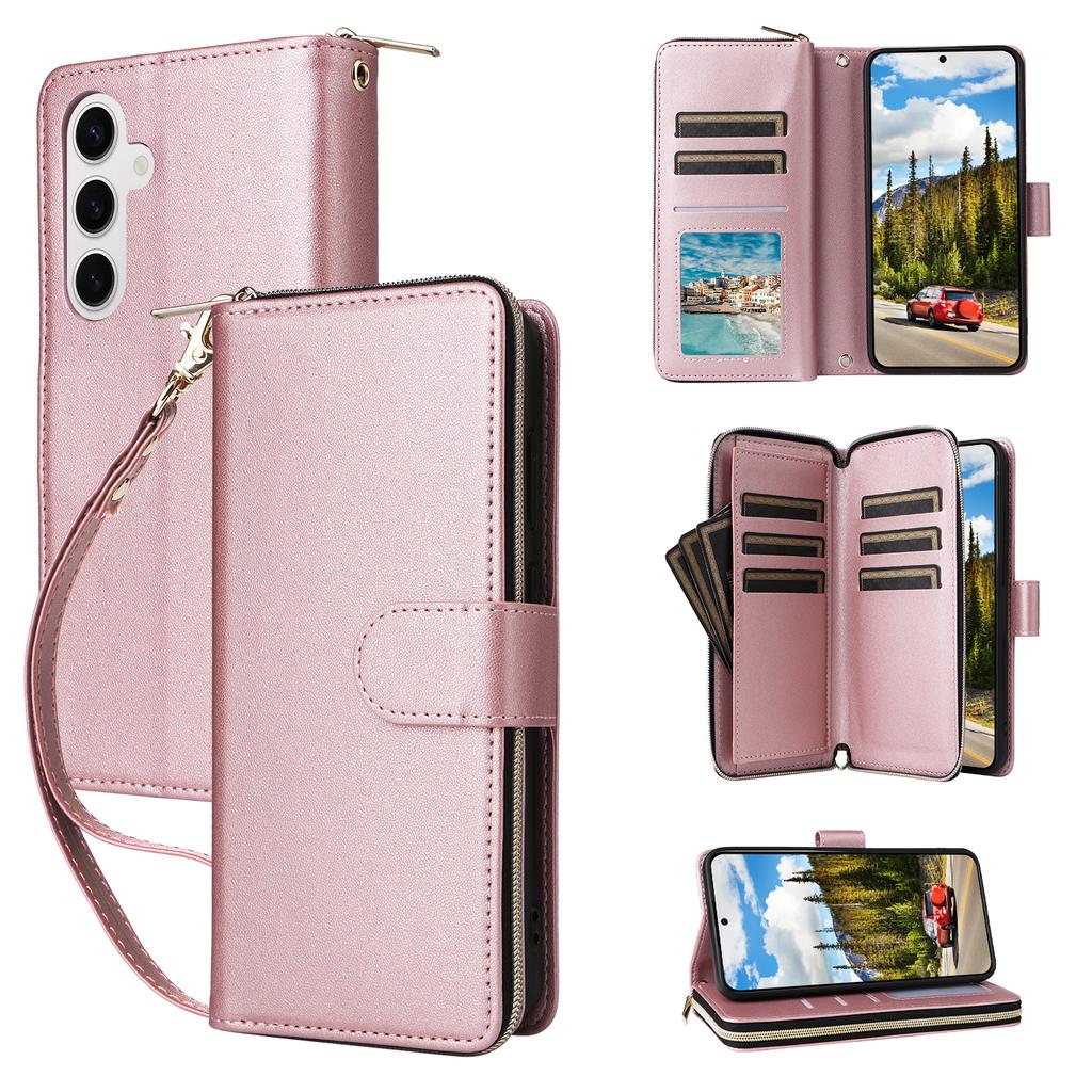 R20 For Samsung Galaxy S24 Case Zipper Leather Phone Cover with 9 Card Slots