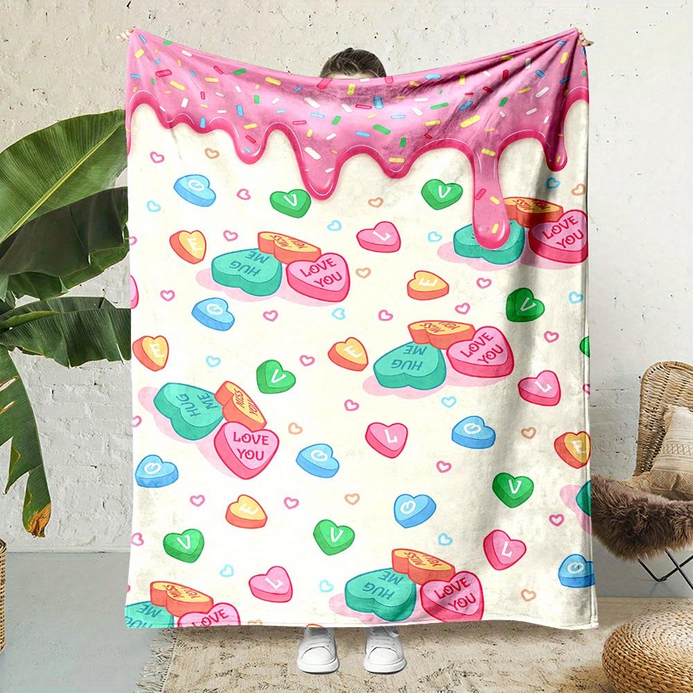 Pink Heart Donut Flannel Throw Blanket Soft Reversible All Season Home Office Travel Gift