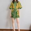 2026 Womens Printed Wrap Tie Neck A-Line Mini Dress High Waist Short Sleeve Elegant Office Casual