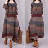 Женское платье макси с длинным рукавом из хлопка и льна, винтажное богемное платье в стиле пэчворк с принтом и круглым вырезом