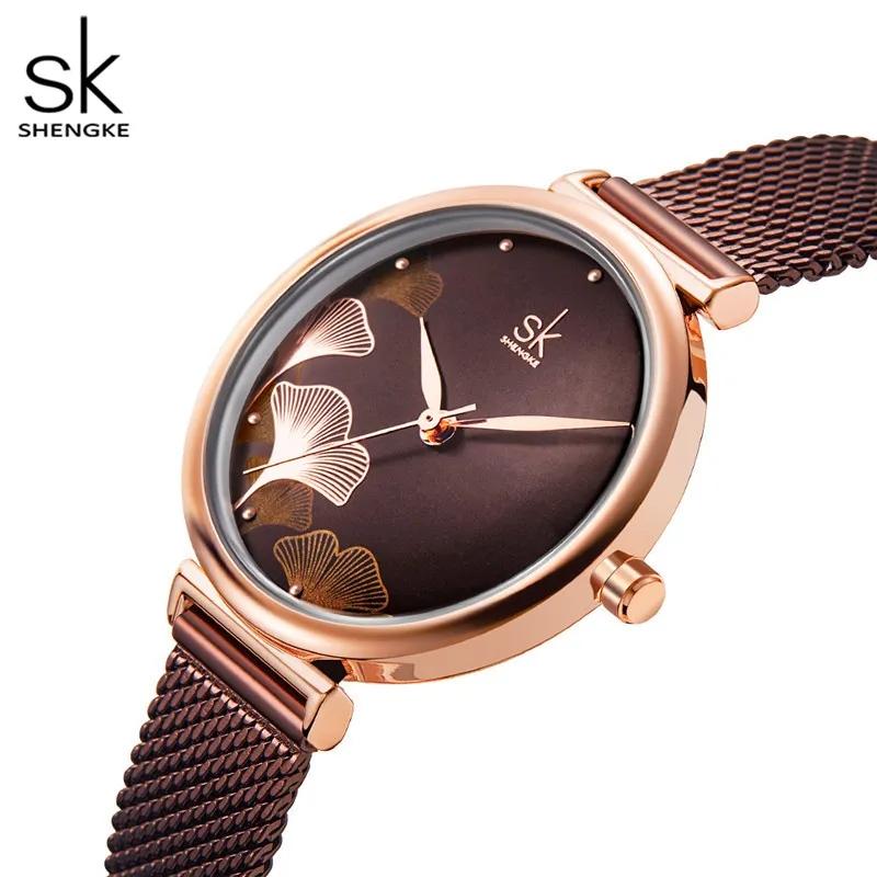 Shengke K0139 K0139L Модный ремешок Роскошные деловые женские часы Водонепроницаемые часы с цветочным узором для женщин и девочек Подарок