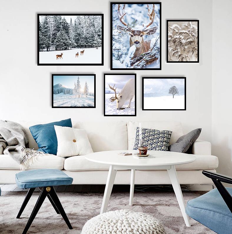 Flower Lake Snow Owl Deer Forest Landscape Winter Wall Art Canvas Painting Nordic Posters And Prints Wall Pictures Home Decor