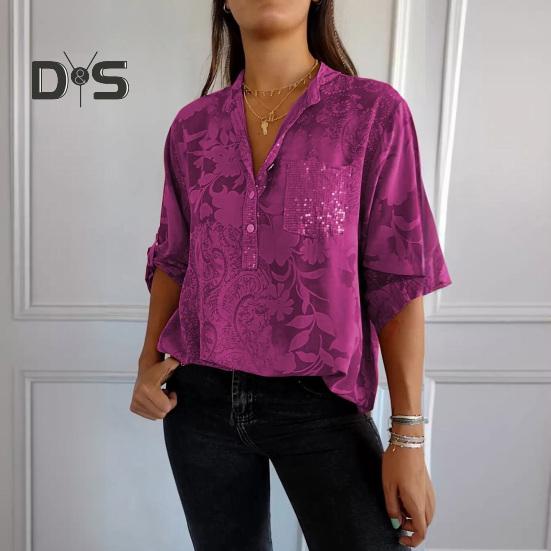 Женская летняя рубашка с v-образным вырезом и лацканами, пуловер с половиной рукавов, топы с принтом, пуговицы, половина планки, пайетки, накладной карман, свободная рубашка