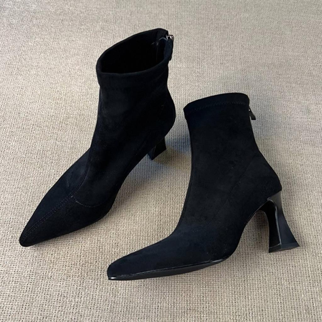 Sheepskin~ French Pointed Short Boots Femininity Maillard Boots High Heels Not Tired Feet Small Ankle Boots Western Thin Boots