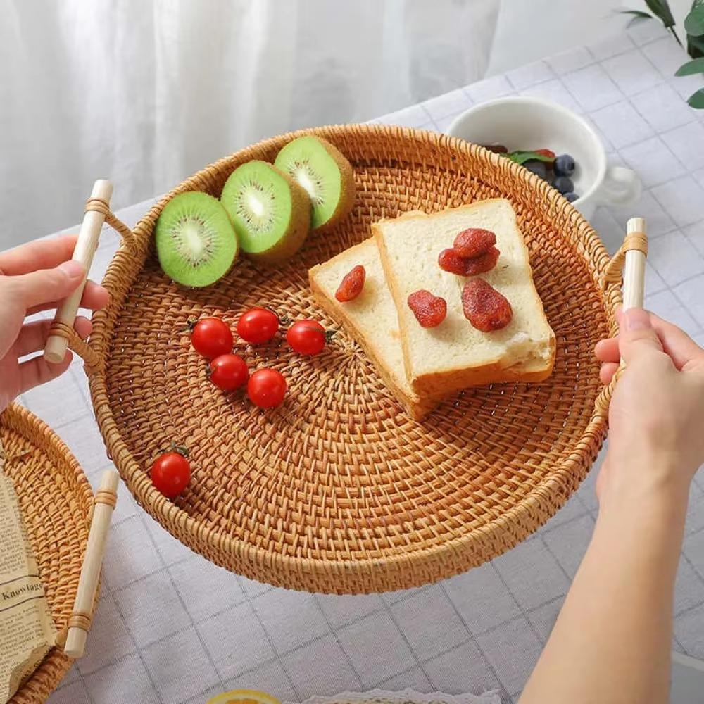 Вьетнамский плетеный поднос из ротанга, корзина для хранения, двойная ручка, практичный настольный поднос, корзина для хлеба, фруктов, димсама, пикника, простое хранение