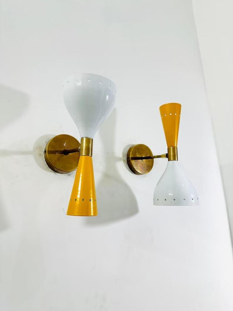 Mid Century Italian Brass Diabolo Wall Sconce Pair - Mustard & White
