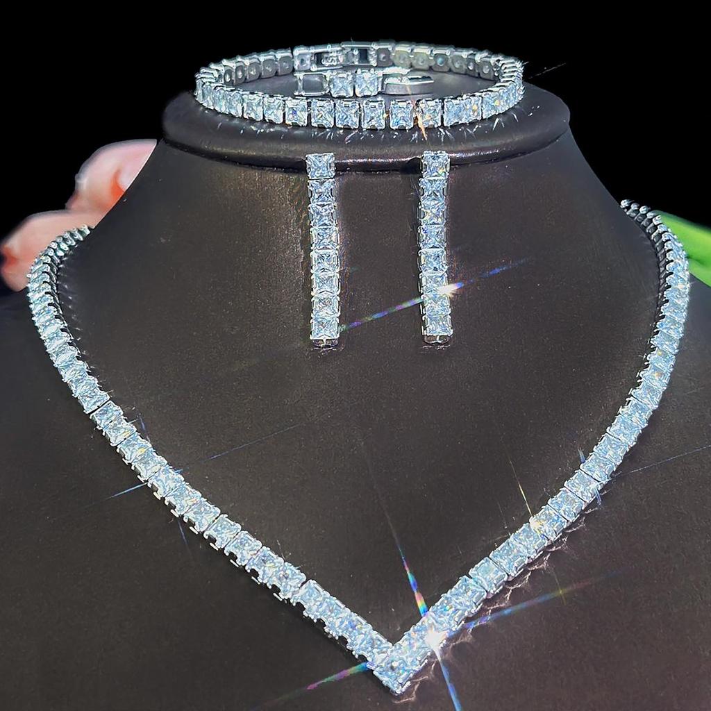 CMM 3 шт., высокое качество, свадебные украшения в Дубае, инкрустированные квадратные AAA циркониевые ожерелья, серьги, браслет, набор для женщин