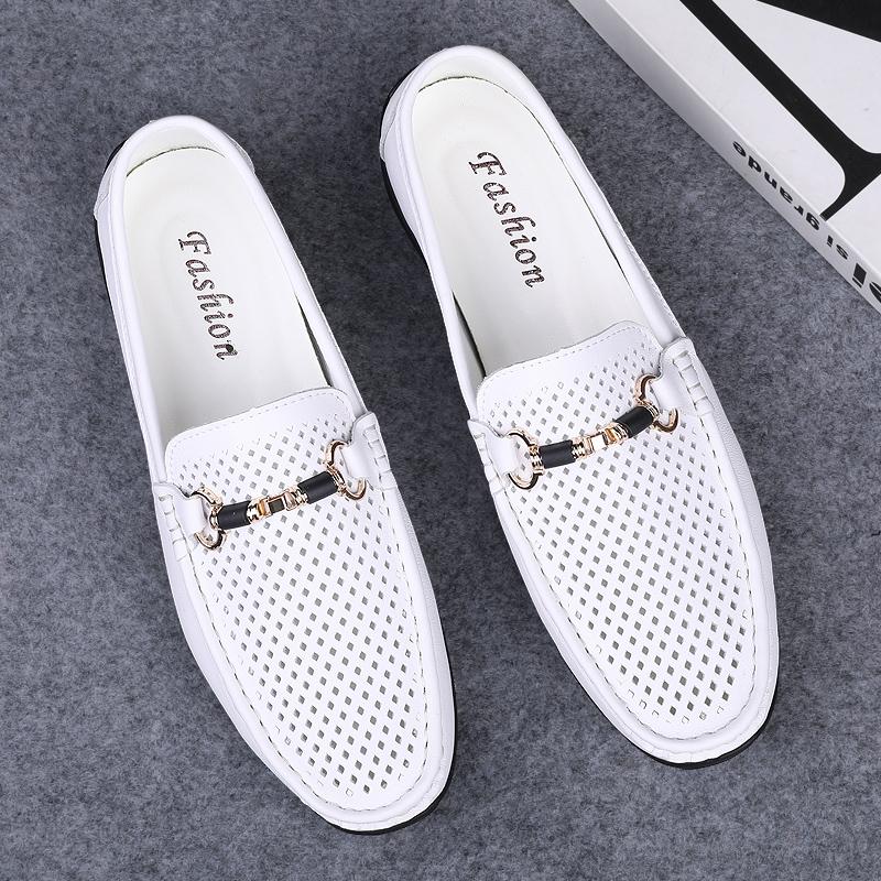 FashionHandmade White Men's Genuine Leather Loafers Wedding Party Men Shoes Luxury Elegant Dress Shoes for Men Breathable Mesh Flats