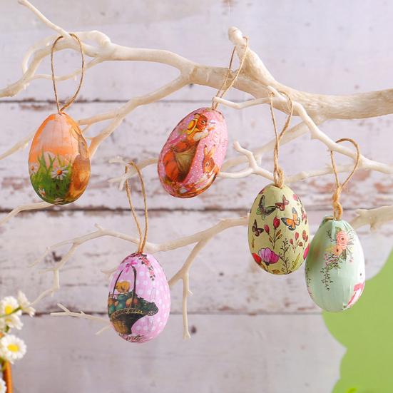 7Pcs/Set Colorful Bunny Painted Plastic Easter Eggs with Basket Hanging Pendant DIY Easter Egg Crafts Home Easter Party Supplies