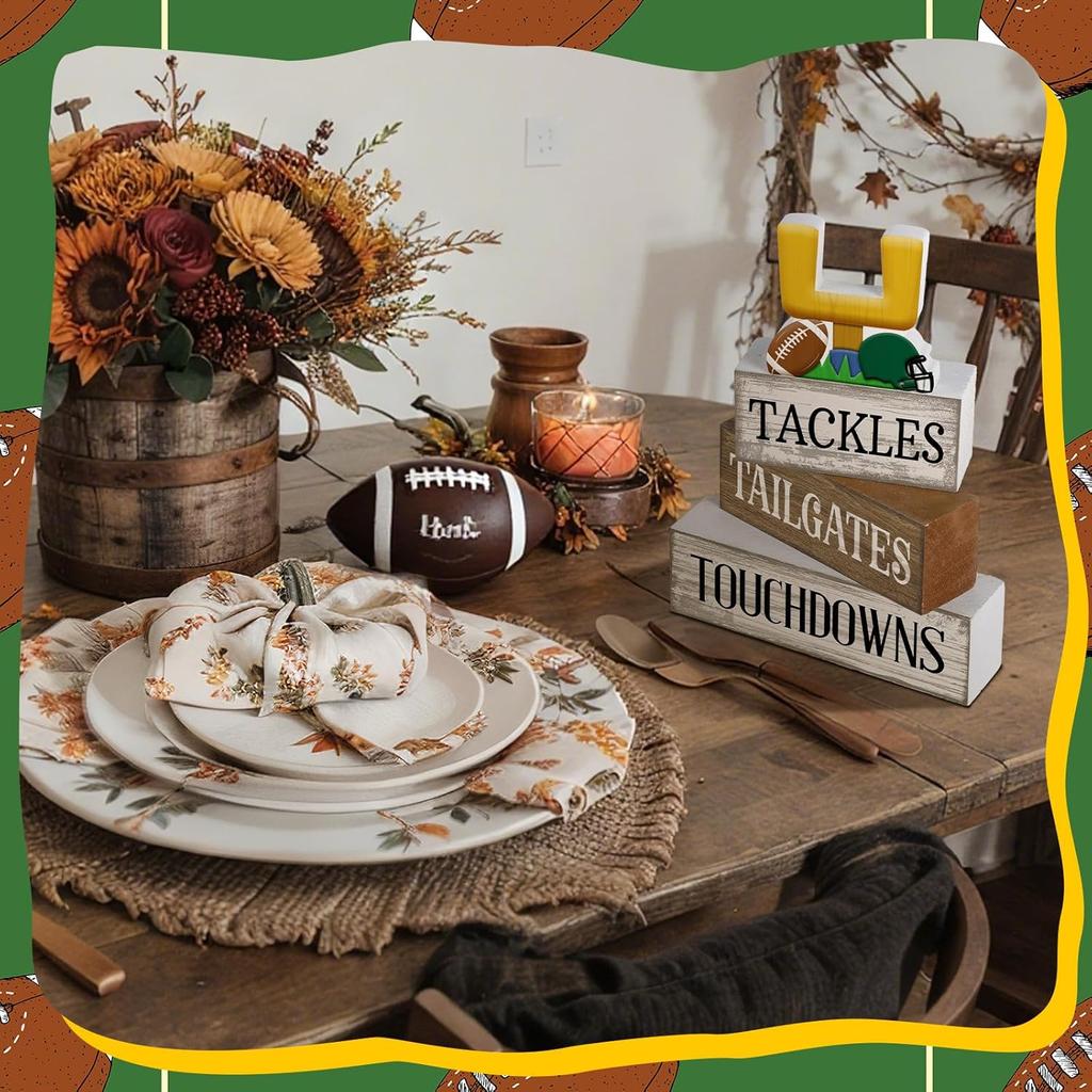 4Pcs Football Table Decorations Football Tiered Tray Decor Sport Game Centerpiece Sign Decorative Rugby Stack Block Gift for Fans Club Tailgate