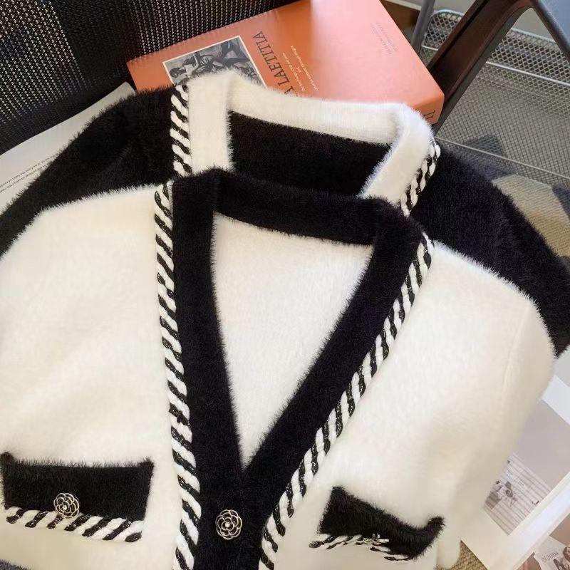 Дизайн кардигана с v-образным вырезом, вязаный кардиган со знаменитостями, контрастным контрастом, осень/зима 2023, повседневная женская шуба из искусственной норки