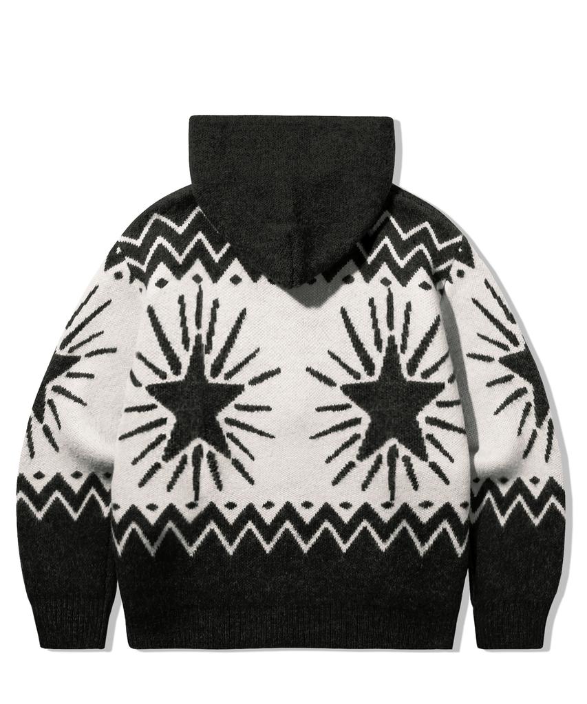 TRILLION Washable Wool Star Nordic Hooded Zip-Up Knit_Black