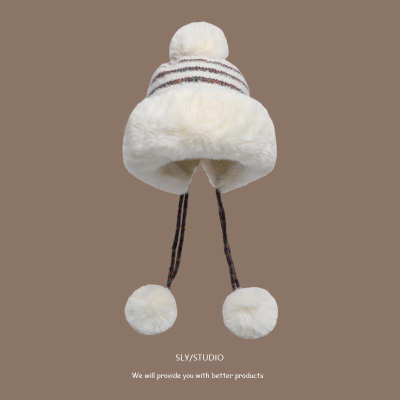 Женская шерстяная шапка на осень и зиму, милая шерстяная шапка с помпоном, с защитой ушей, новая плюшевая теплая шапка-ушанка, кружевная вязаная шапка с помпоном