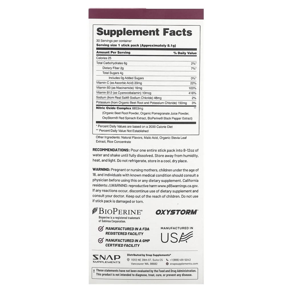 Snap Supplements Nitric Oxide, Organic Beet, Original Berry, 10 Stick Packs, 8.2 G (0.29 Oz) Each