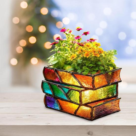 Yousheng Стопка Томов Цветочный Горшок из Смолы Декоративный Кашпо для Суккулентов Настольный Цветной Горшок для Растений в Виде Книг для Любителей Книг Подарок Домашний Офисный Декор