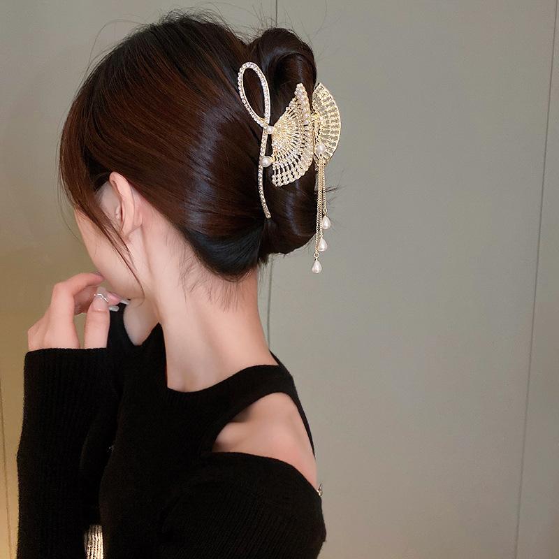 Заколка для волос в китайском стиле, инкрустированная бриллиантами, веер с кисточкой, имитация жемчуга, Интернет-знаменитости, легкие роскошные нишевые женские аксессуары для темперамента