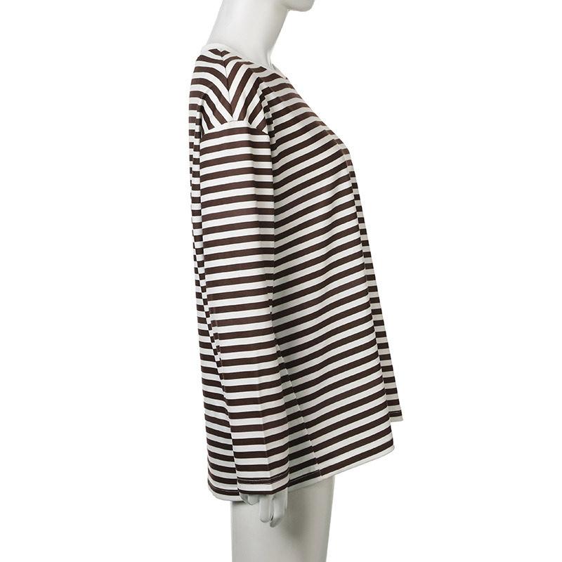 Striped T-shirt Women's Loose Round Neck Long Sleeved Top Retro Contrasting Color Basic Style Thin Commuting 2025 Spring/Summer
